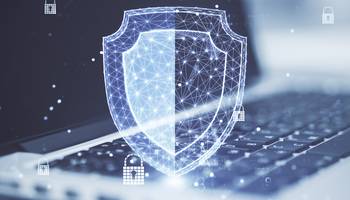Diese Bild zeigten einen Schutzschild und einige Schlösser vor einem Laptop als Zeigen der Cyber-Sicherheit.