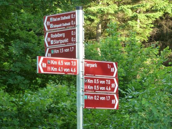 Richtungsweiser: Hinweisschild im Stadtwald