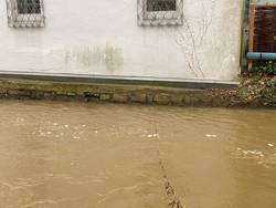 viel Wasser in einem Fluss neben einem Haus