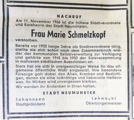 Nachruf der Stadt Neumünster, November 1966