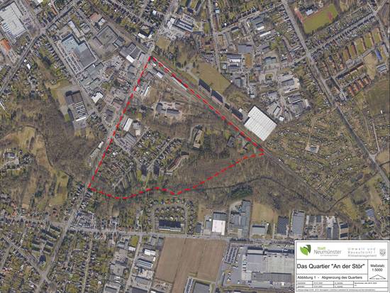 Luftbild mit Abgrenzung des Quartiers Stör (©Stadt Neumünster)
