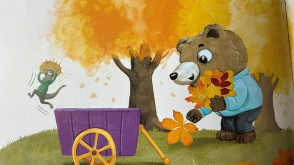 Illustration aus einem Kinderbuch: Ein Bär sammelt Blätter vom Boden.